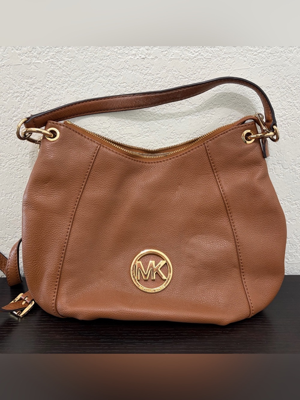 Michael Kors Brown Pebbled Leather Shoulder Bag with Gold MK Emblem